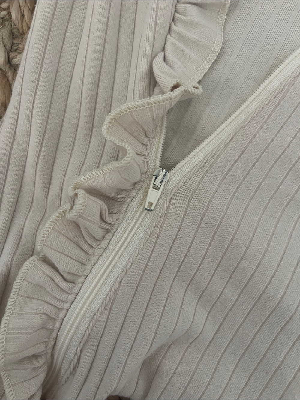 Neutral Cream Ribbed Zip-Up Ruffle Footed One-Piece - Picture 5 of 5